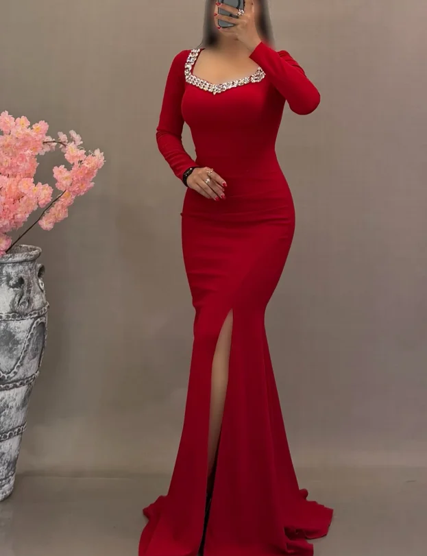 Customized V-neck Mermaid Long Dresses Floor Length Full Sleeves Beaded Платье Корейский Стиль Kate Middleton Dress فساتين Prom view 2