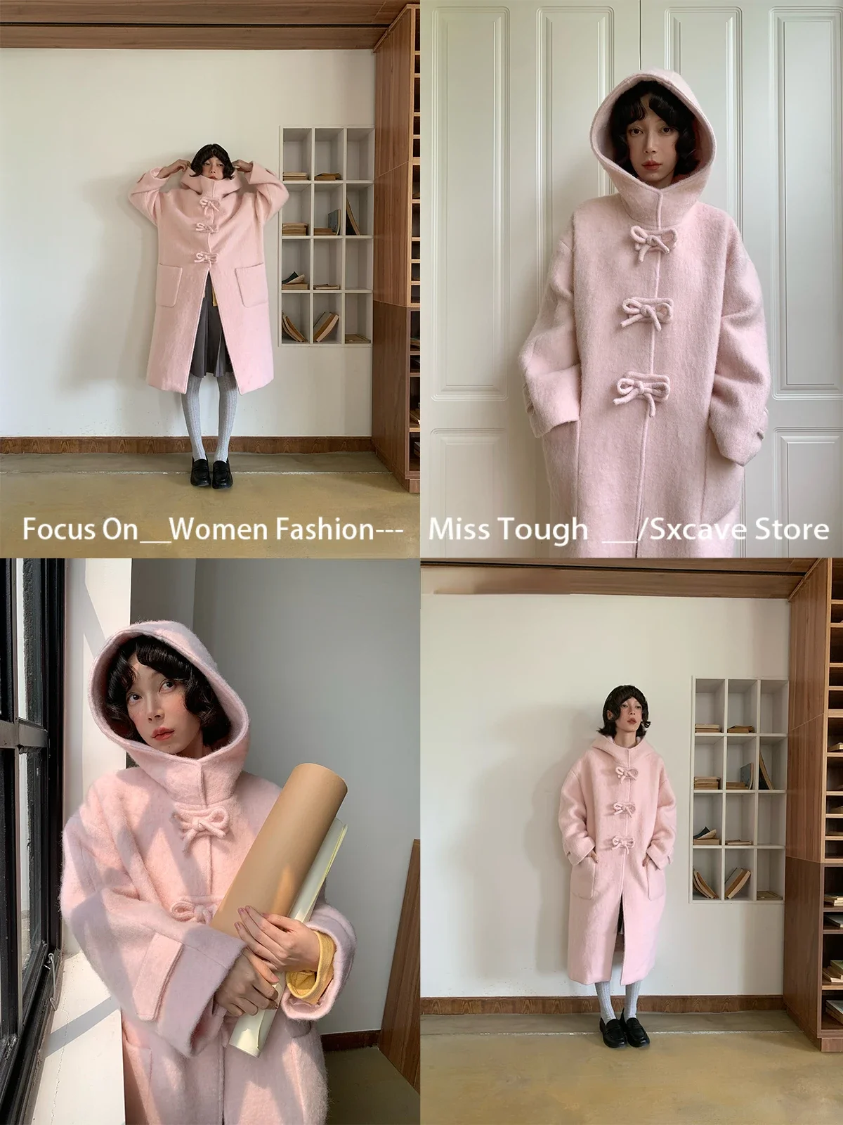 Elegant Bow American Vintage Woollen Coats with Hooded Casual Kawaii Long Jacket Coats Female Long Sleeve Pure Color Overcoats