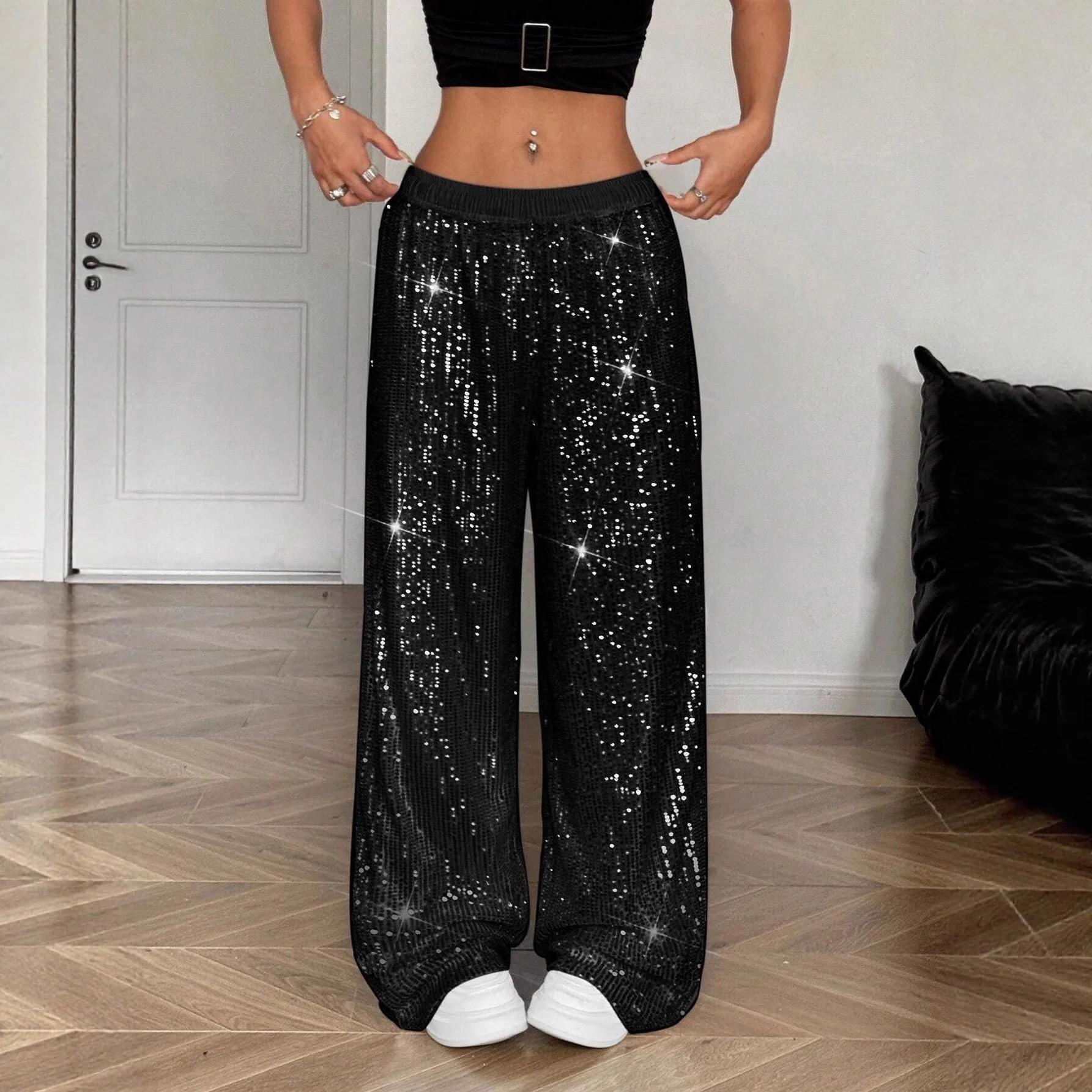 Women Sequin Wide Leg Pants Elastic High Waist Glitter Loose Trousers Sparkly Club Party Streetwear Night Out Fashion Casual