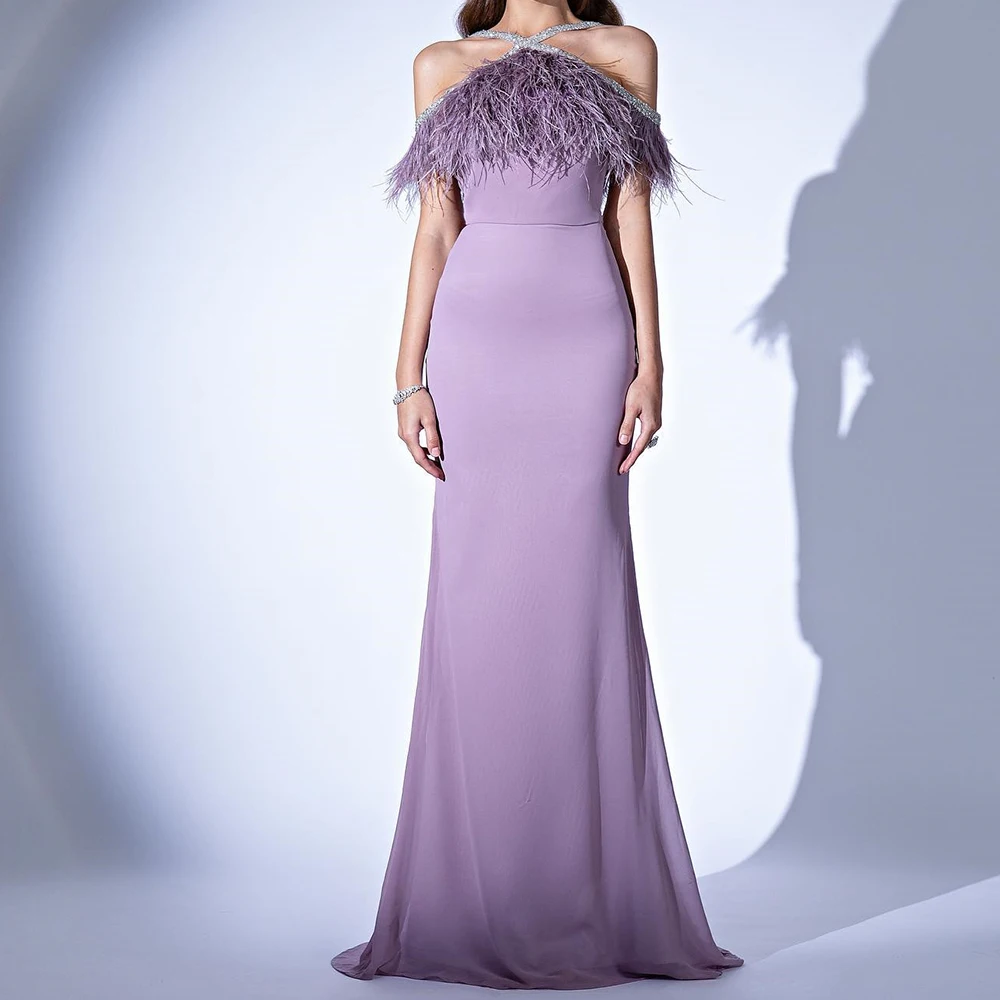 

Customized Exquisite Halter Feathers Pleats Crystal Party Gown Temperament Mermaid Off the Shoulder Chiffon Purple Eve