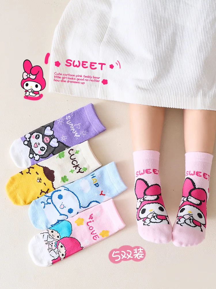 Meias de algodão Sanrio Mid-Calf para crianças, desenhos animados bonitos, grandes, meninas, outono, inverno, 5 pares