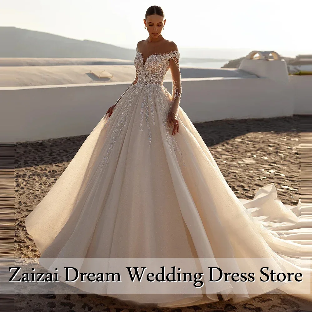Customized  Exquisite Off The Shoulder Sleeveless Women Wedding Dresses Lace A-Line Bridal Gowns Party Vestidos De Novias