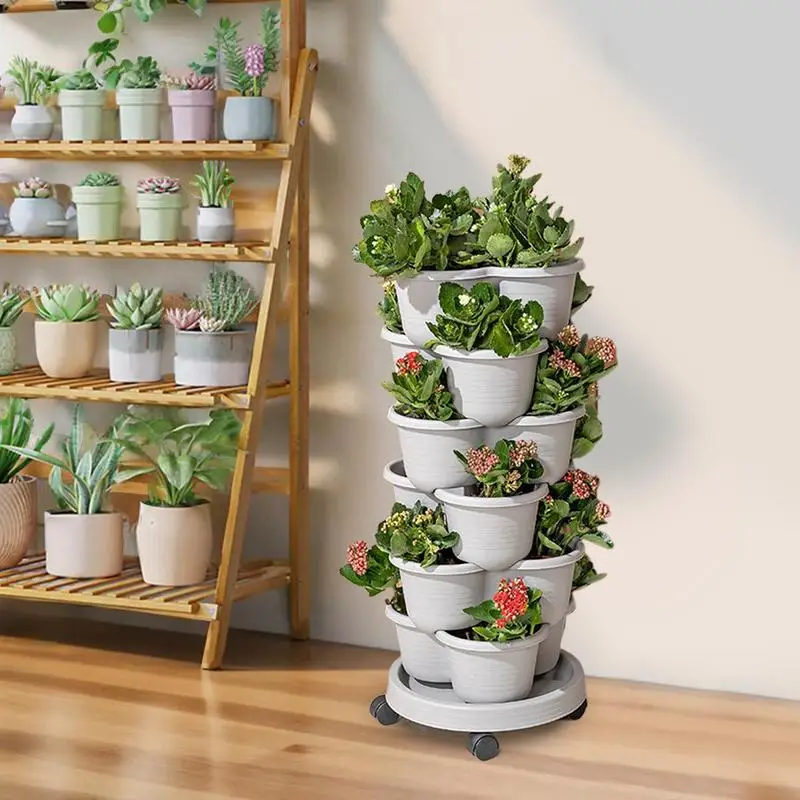 Stackable Garden Planter Tower for Vegetables Gardening Flower Pots with Movable Casters Strawberry Seedling Frame Decoration ﻿