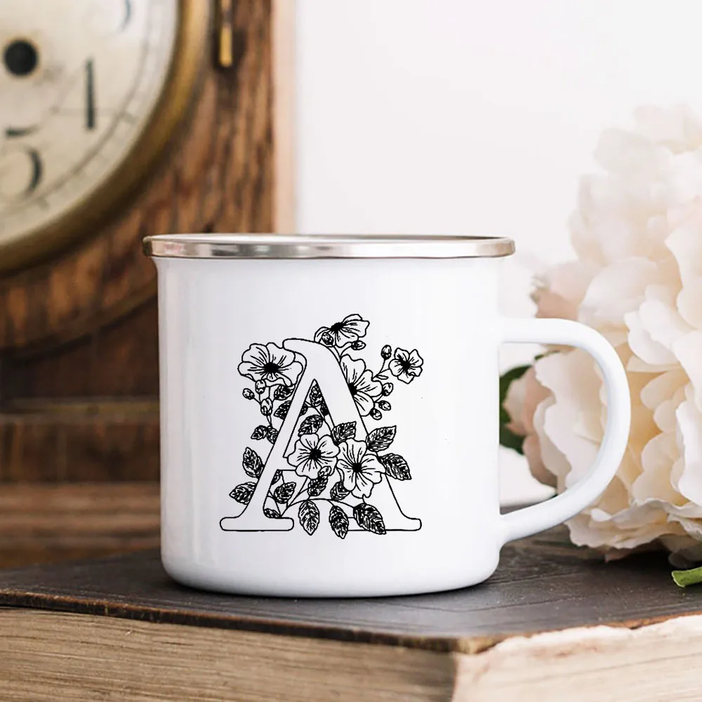 Flower Letter Personalized Enamel Coffee Mugs Monogram Name Initials Beer Drink Juice Cola Cups Breakfast Milk Mug Gifts for Mom