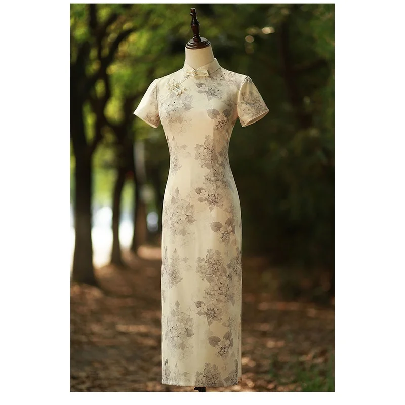 

Women Elegant Long Cheongsam Gray Floral Short Sleeve Soft Vintage Dress Slim-fit Party Costumes Qipao S To 3XL