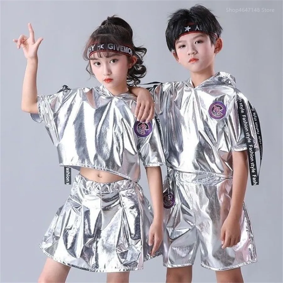 Fashion Boys Hip-hop Set Girl Silver Color Jazz Dance Costume Children Performance Clothes Dance Costume Cool Rave Outfits