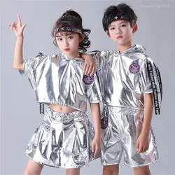 Fashion Boys Hip-hop Set Girl Silver Color Jazz Dance Costume Children Performance Clothes Dance Costume Cool Rave Outfits