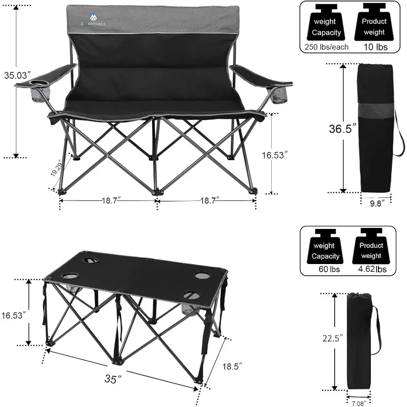 Camping Chair 4 Piece Set, Outdoor Folding Camping Chair with Table, Heavy Duty Lawn Chair with Cup Holder