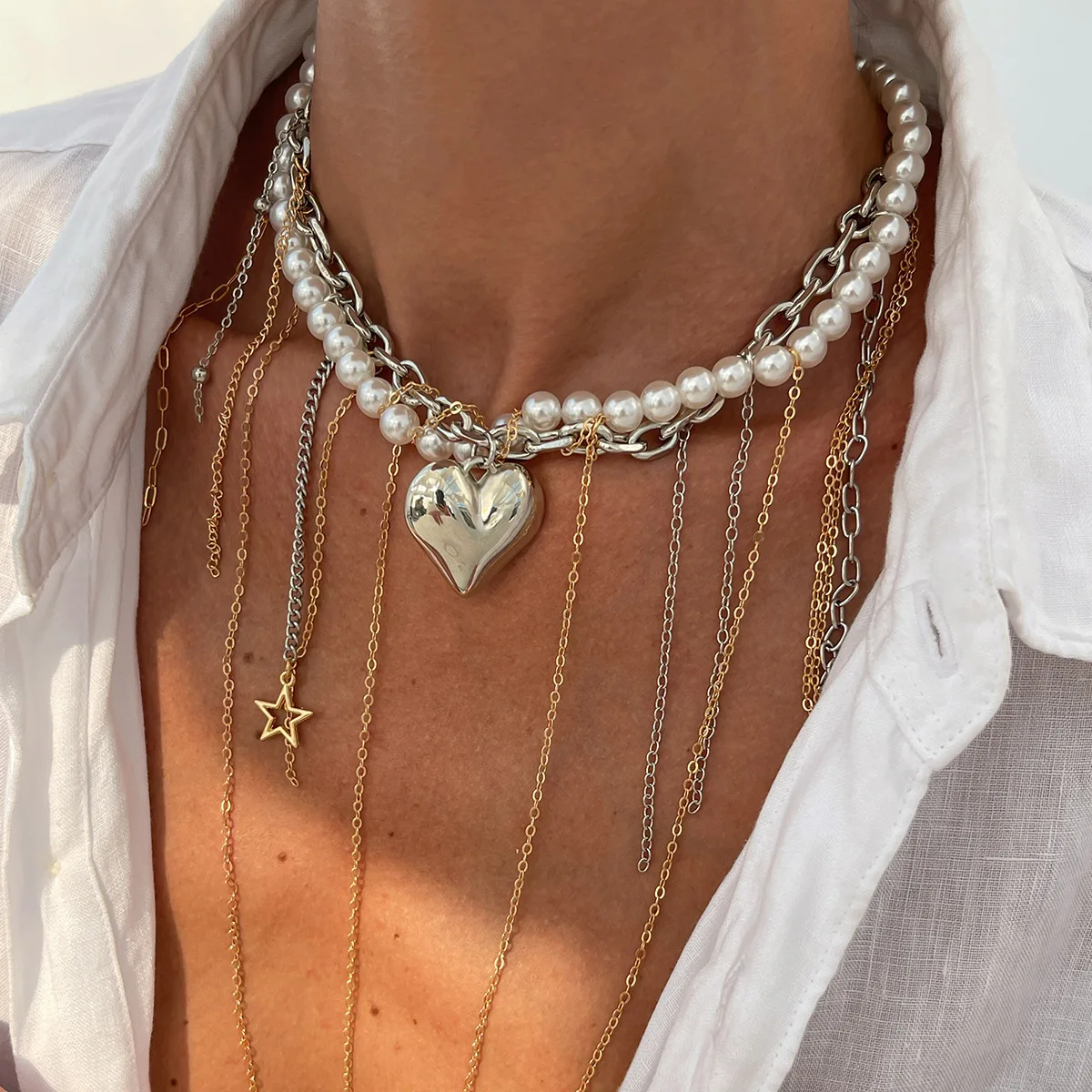 

Ailodo Goth Imitation Pearl Chain Big Heart Choker Necklace For Women Vintage Long Tassel Necklace Fashion Jewelry Girls Gift