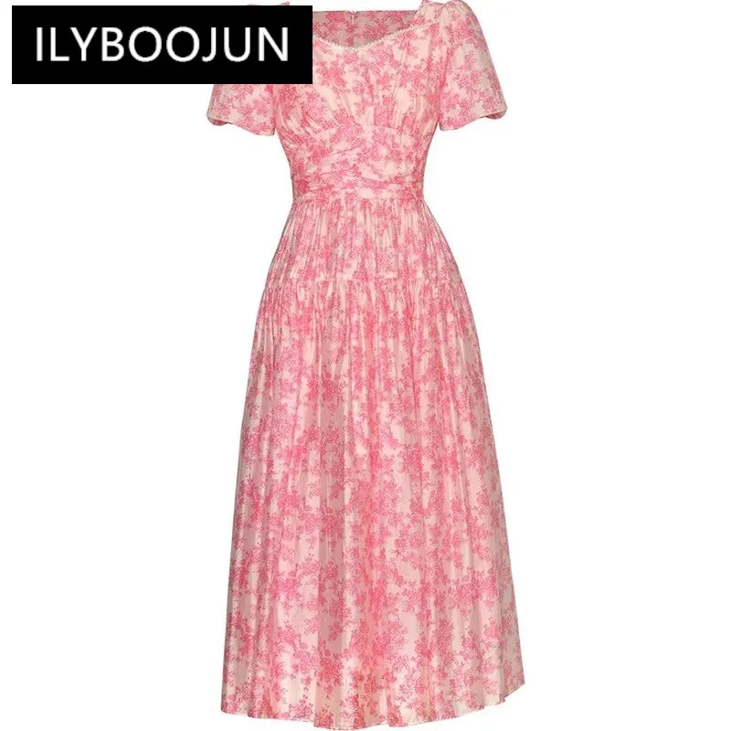 

ILYBOOJUN Spring Summer Women's Dress Beading Puff Sleeve High Waiste Print Vacation Party Pleated Dresses