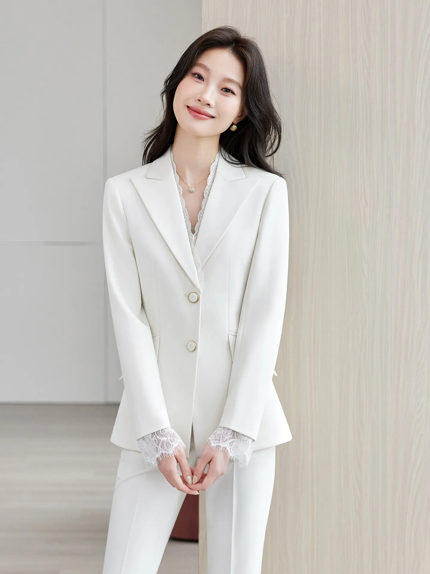 Elegant Lace Trimmed Career Women's Suit Jacket Autumn New Style Waist Cinched Professional Formal Western Suit Set