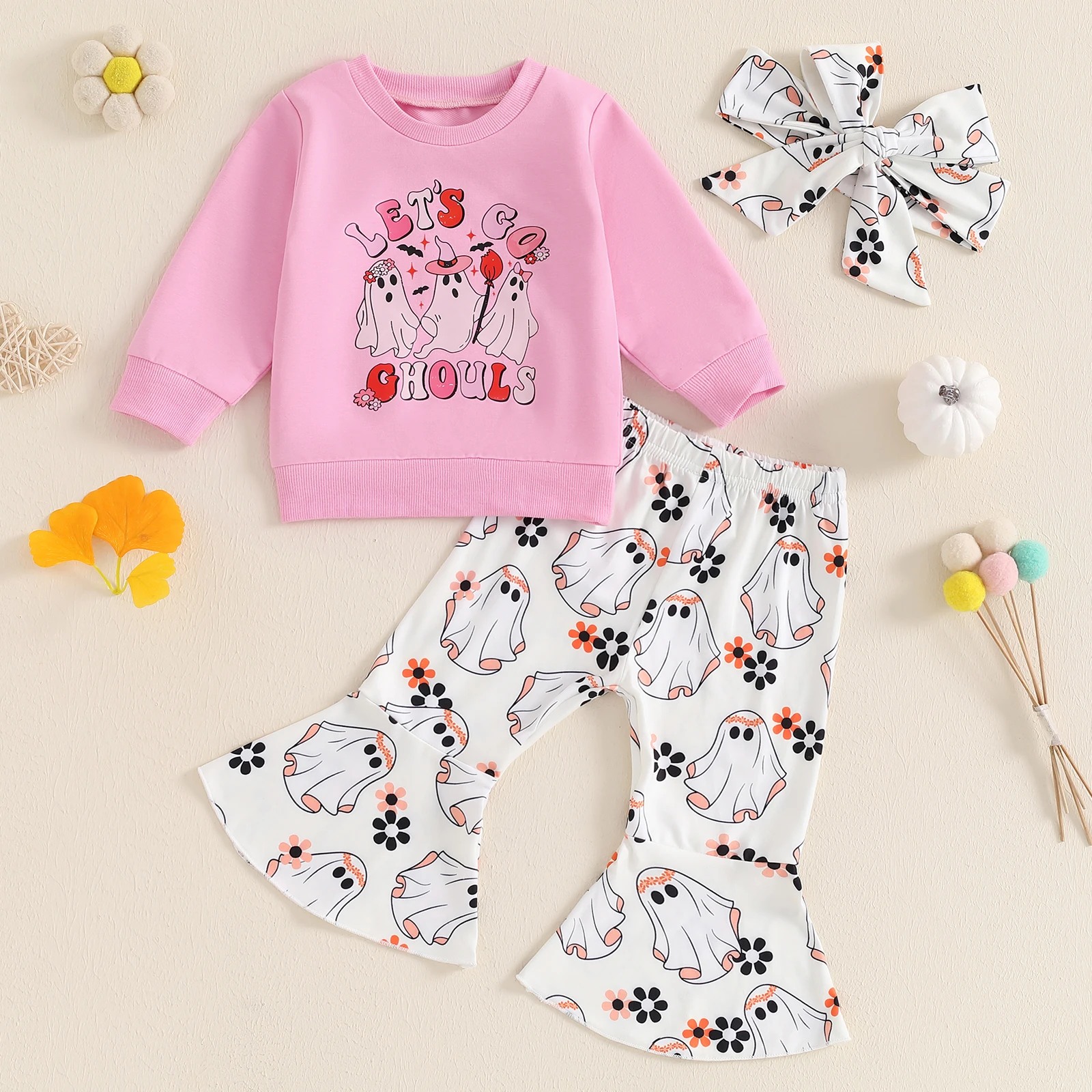 BeQeuewll Autumn Winter Infant Girls Clothes Set Cute Baby Halloween Outfit Long Sleeve Ghost Print Tops Pants Headband Kid Suit