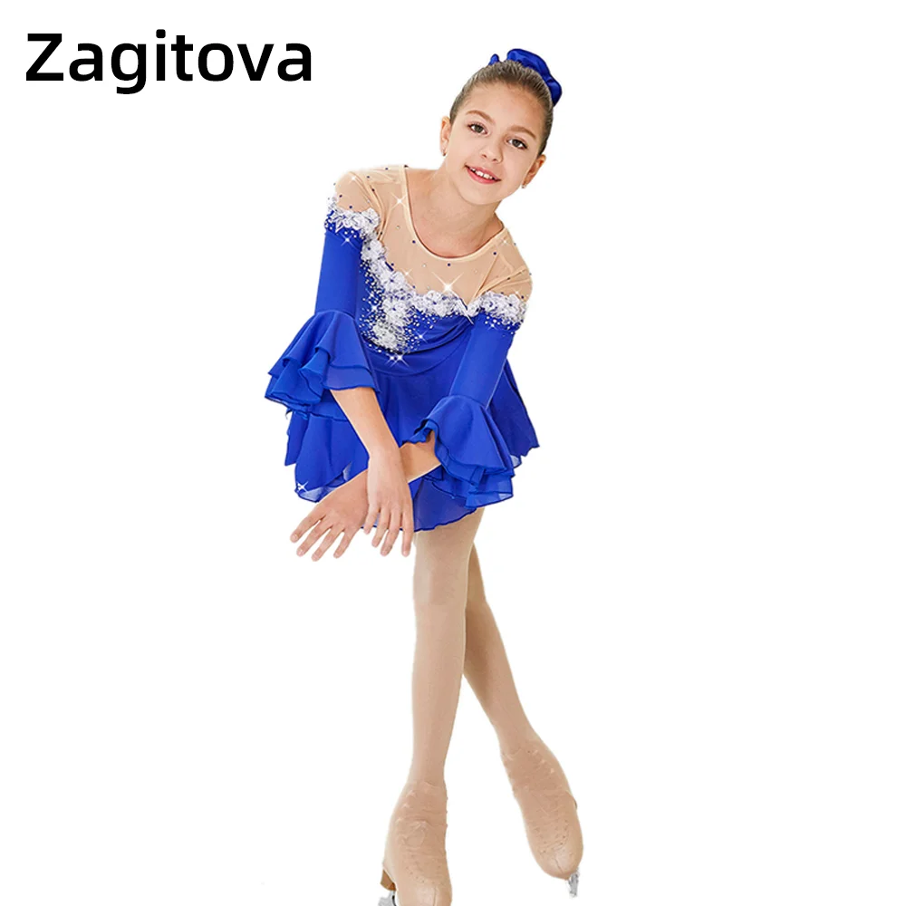 

ZAGITOVA Figure Skating Dress Women Girls Long Sleeved Ice Skating Skirt White Wing Rhinestones Mesh Skirt Princess Dress