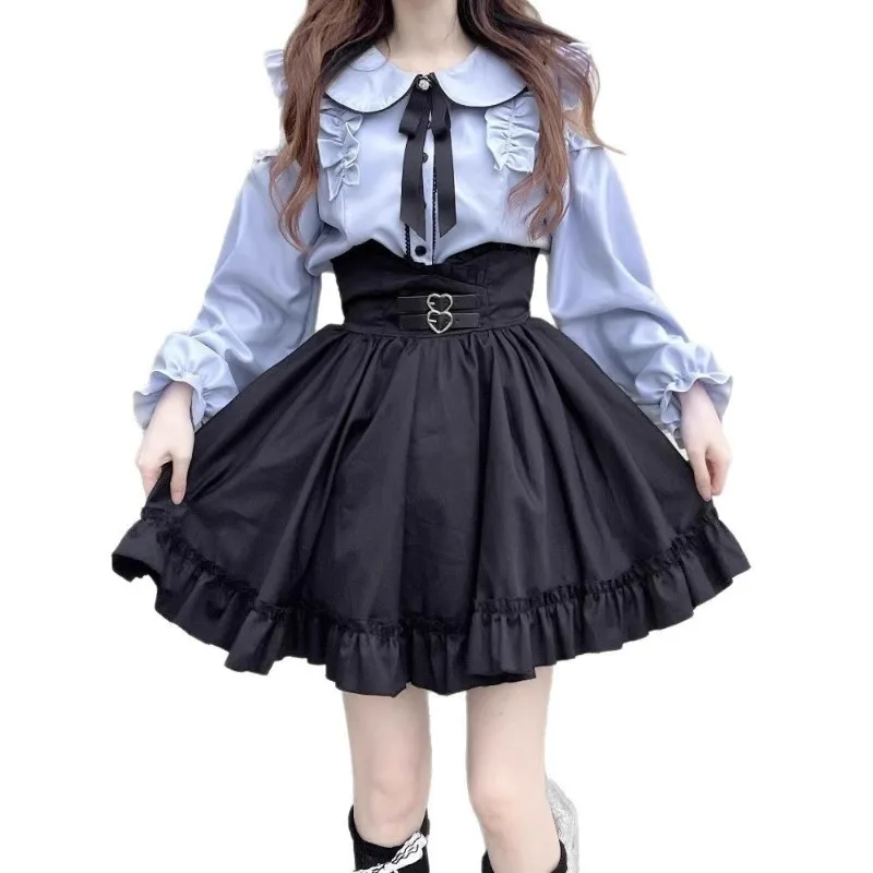

2026 New Japanese Sweet Long Sleeve Shoulder Bared Doll Collar Women's Shirt Autumn Top Casual Slim Fit Mini Skirt Two Piece Set