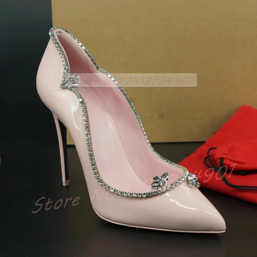 Wave Cut Shape Women Crystals Stiletto Pumps Pink Glossy Pointed Toe Pumps Slip On 10cm High Heel Shoes Sexy Elegant