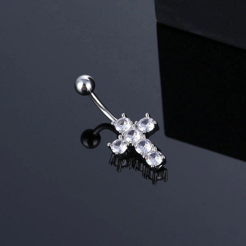 Sweet Crystal Zircon Cross Belly Button Ring Cross Piercing Fashion Navel Nail Puncture Body Piercing Jewelry Accessories