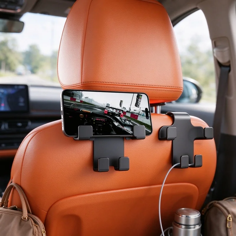 Car Seat Back Hook, 2 in 1 Car Headrest Hook with Phone Holder, Universal Auto Back Seat Storage Hanger for Bags Umbrella