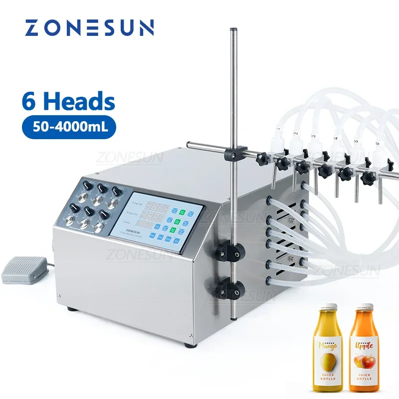 

ZONESUN 6 Head Semi-Automatic Fruit Juice Mineral Water Bottling Fluid Liquid Dosing Dispenser Filling Machine System