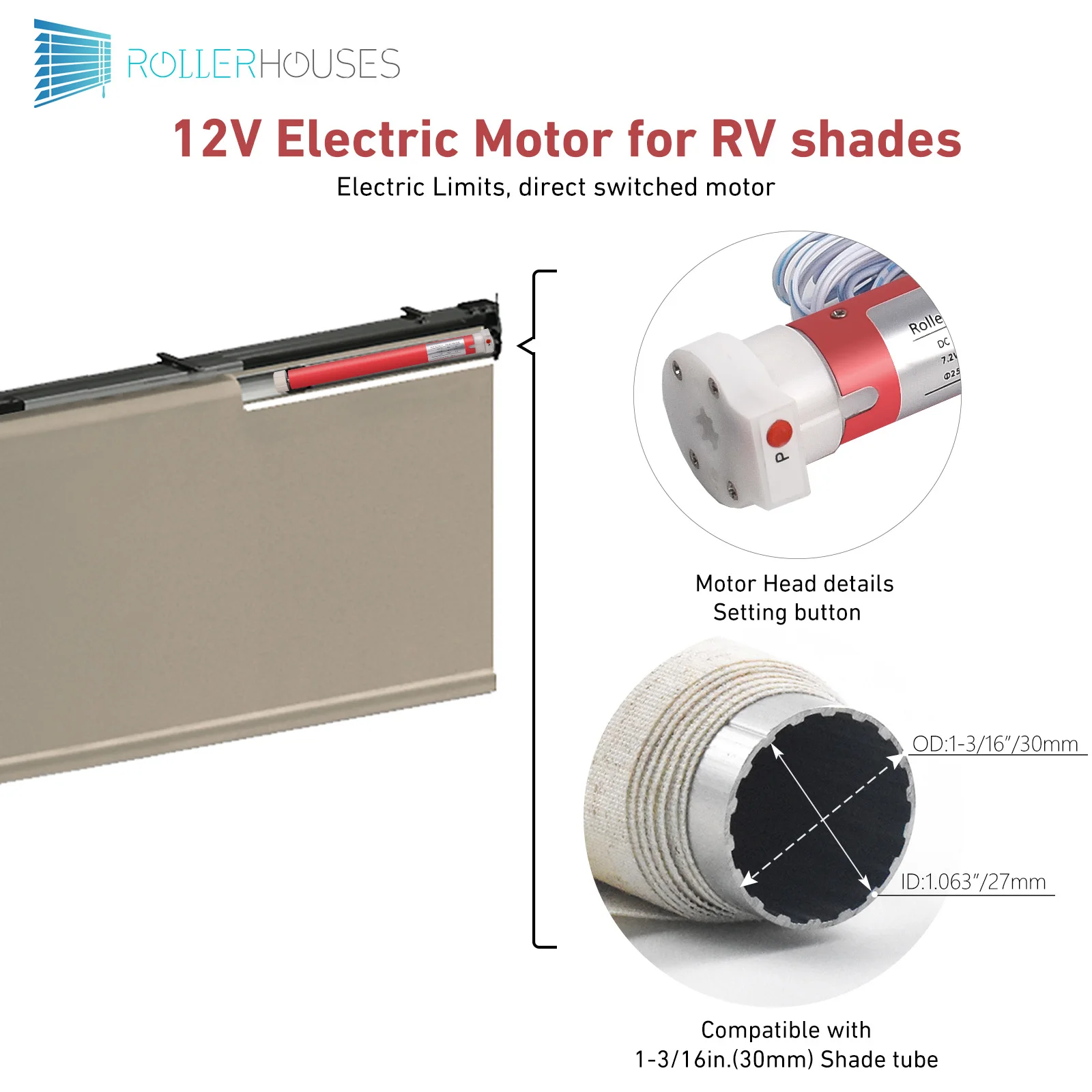 Rollerhouses ES2512 - 12V 2 Wires Switch Controlled Electric Roller Blind/Shade Motors for 30mm 38mm RV Roller Shade