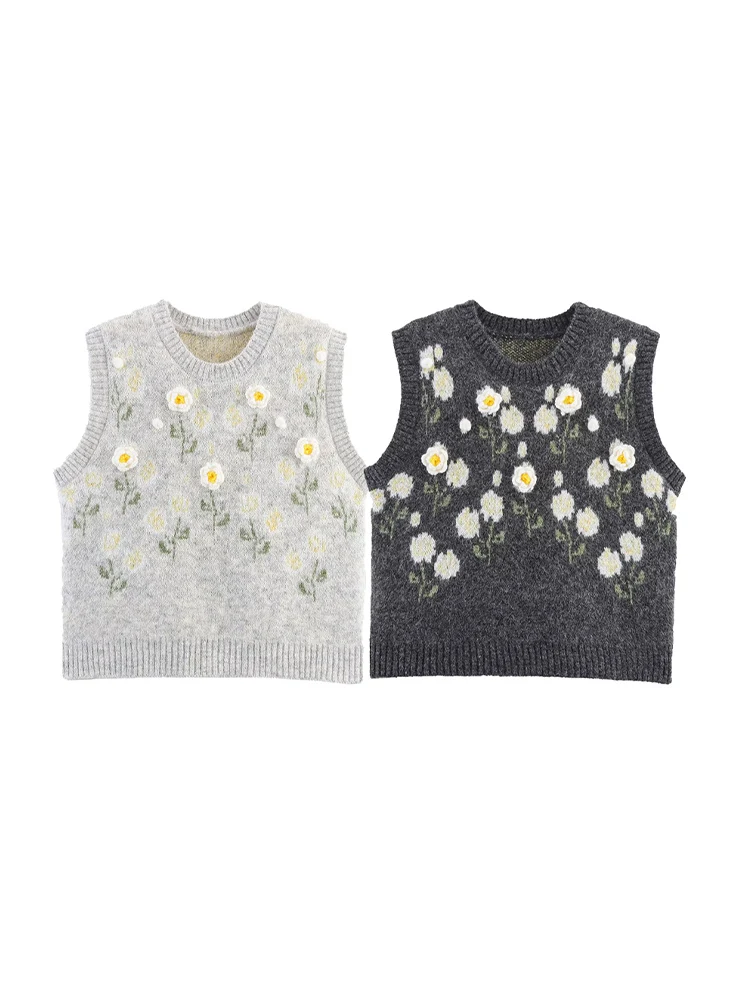 

European and American style women's new casual versatile round neck sleeveless three-dimensional flower knitted vest
