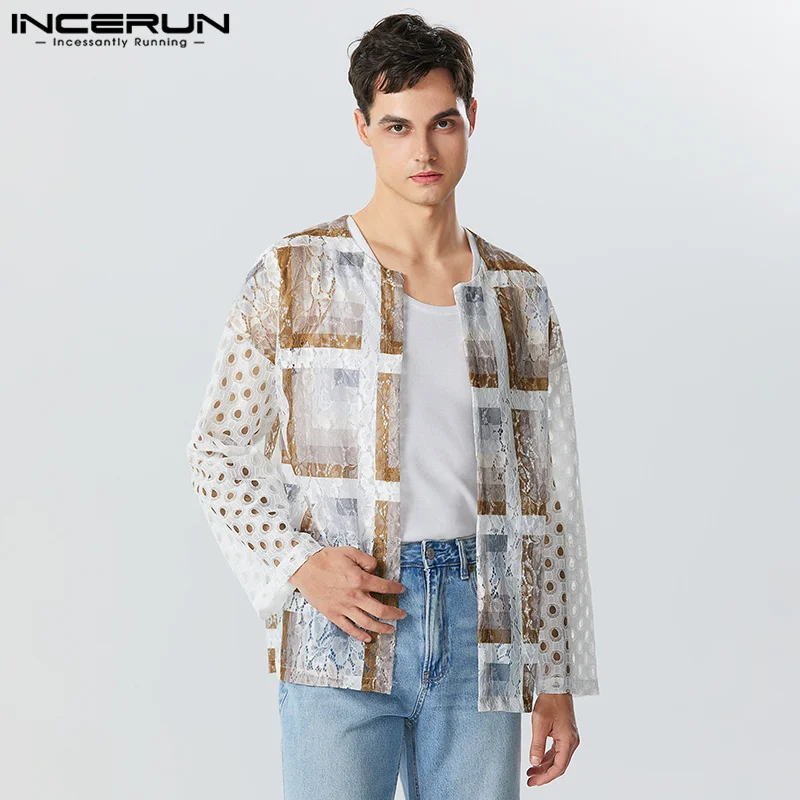 Casual Fashion Style Tops INCERUN Men\'s Tracery Patchwork See-through Mesh Shirts Male Long Sleeved Collarless Blouse S-5XL 2023