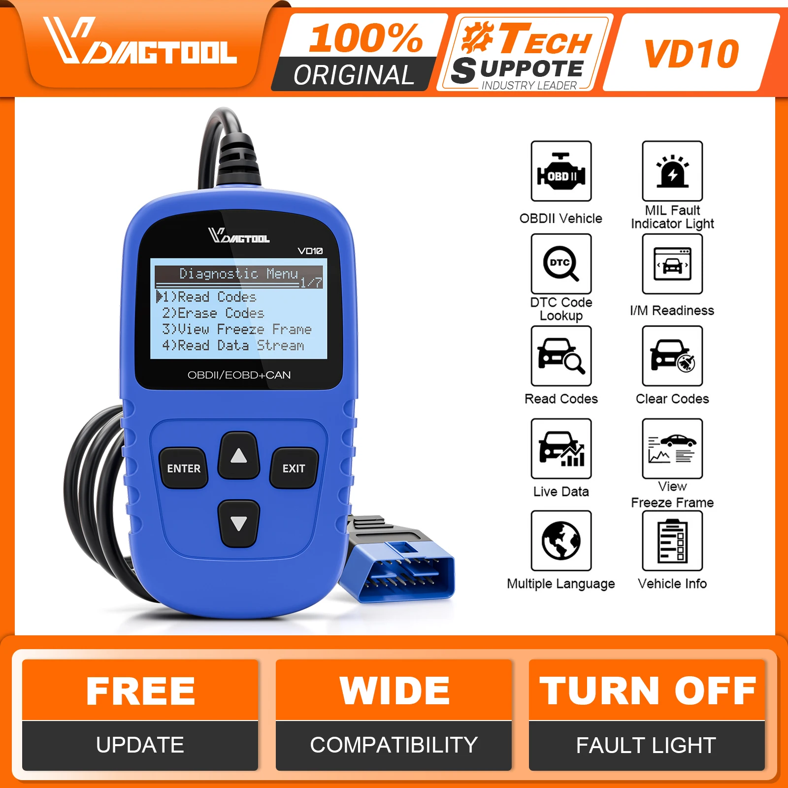 VDIAGTOOL VD10 OBD2 Scanner Car Code Reader Diagnostic Tool Read Erase Check Engine Light Live Data Freeze Frame I/M Readiness