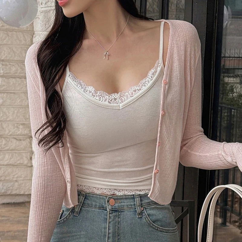 한국 스타일 레이스 트림 솔리드 컬러 다용도 크롭 탑 2026 여성 섹시 슬림 탱크 탑 봄 여름 신상 캐주얼 캐미솔