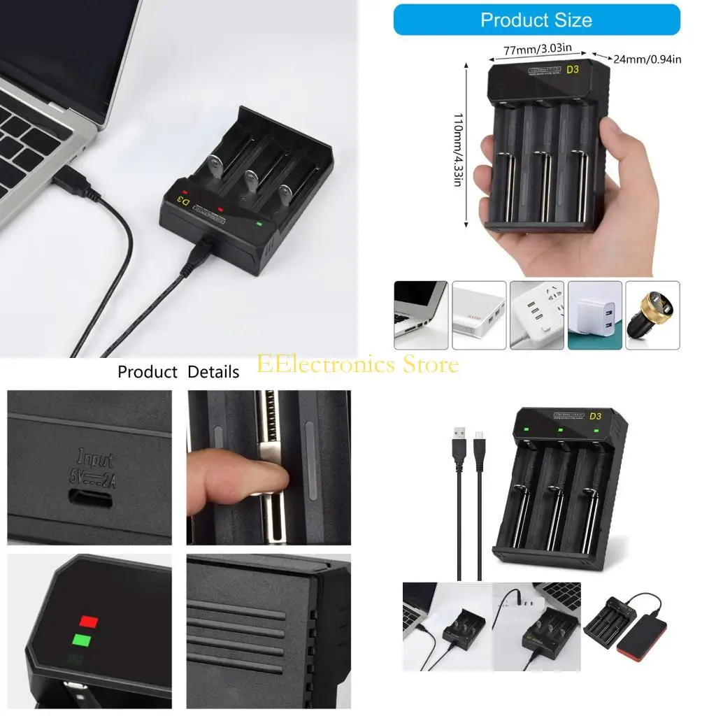B03C Advanced 3 Bay USB Charging Station with Led light For 5V Batteries 18650 26650 21700 Safe Intelligent Charging