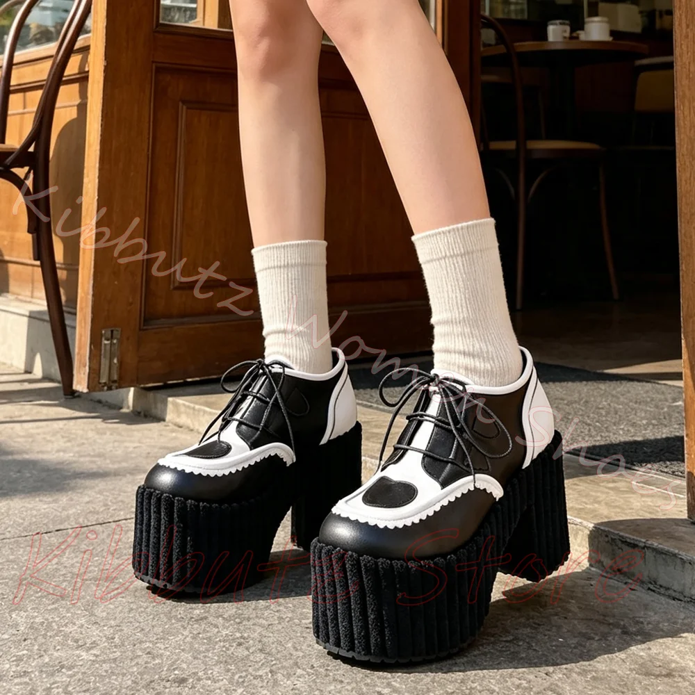 Platform Pumps Mixed Color Heart Patch Ruffle Trim Shoes Front Lace Up Thick Block Heel Sweet Ladies Women Fashion Elegant Sexy
