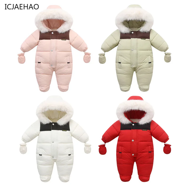 2024 Baby Winter Coat Thicken Baby Jumpsuit Warm Children Jacket Kids Ski Suit Hooded Baby Snowsuit 1-24m with Gloves Red Romper