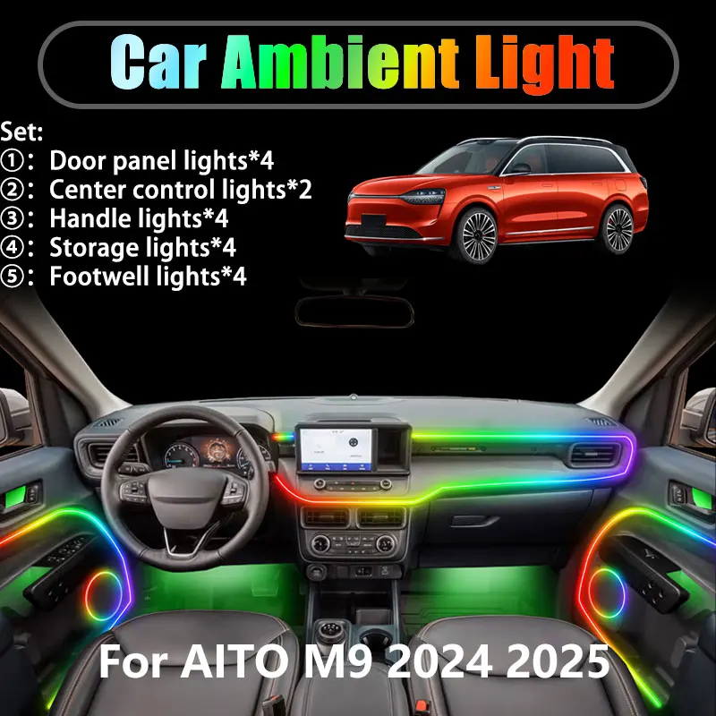 

For AITO M9 2024 2025 2/18 in 1 Car ambient lighting Led trunk interior led lights USB RGB Ensemble Streamer Auto Accessories