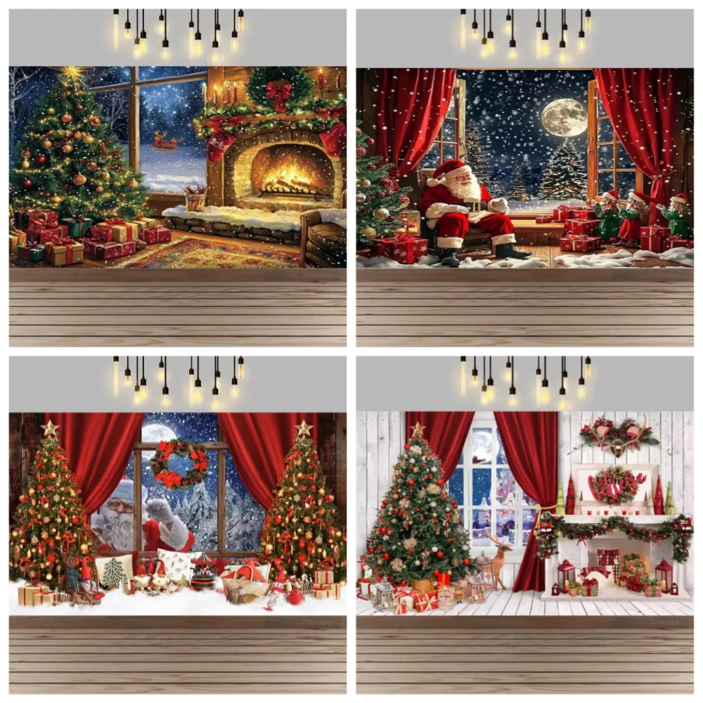 

Winter Christmas red curtain decoration banner background, Christmas day snow scenery fireplace Santa Claus photography Backdrop