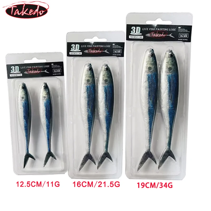 TAKEDO-señuelo de pintura de peces vivos 3D, 12,5 CM, 16CM, 19CM, 34G, cebo de pesca suave luminoso, tijera, cola de pez para pesca de atún, lubina