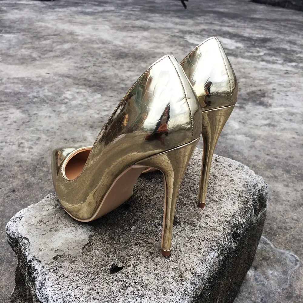 Tikicup المرأة مثير الذهب والفضة 12 سنتيمتر المتطرفة عالية الكعب الخناجر أحذية السيدات أشار تو الزفاف الزفاف الضحلة مضخات Size45 46 #3