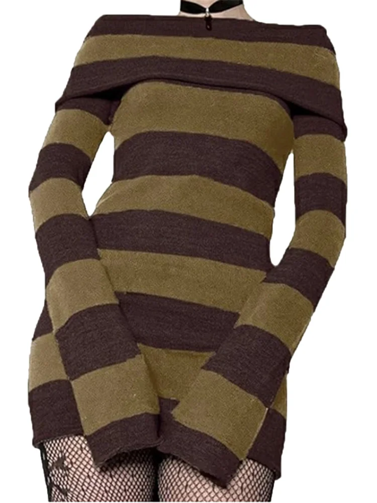 Женское осеннее платье в полоску с вырезом лодочкой и длинным рукавом, облегающее короткое платье Y2K, готические вечерние платья с запахом на бедрах