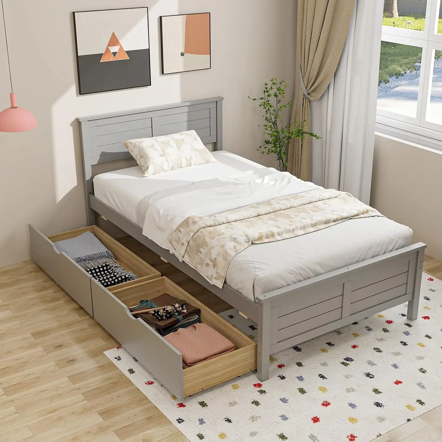 Wood Twin Bed with 2 Storage Drawers, Solid Wood Platform Bed with Headboard, Wooden Slats Support Mattress Foundation, No Sprin