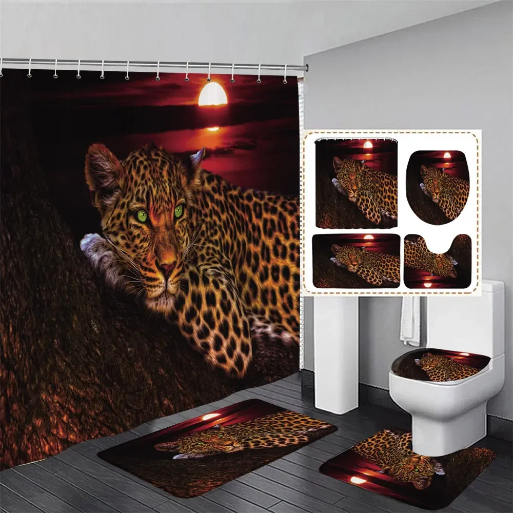 Moon Leopard Cheetah Shower Curtain Sets Bathroom Decor Sets Bathroom Curtains Toilet Mat Lid Rug Accessories Animal Print 4pcs