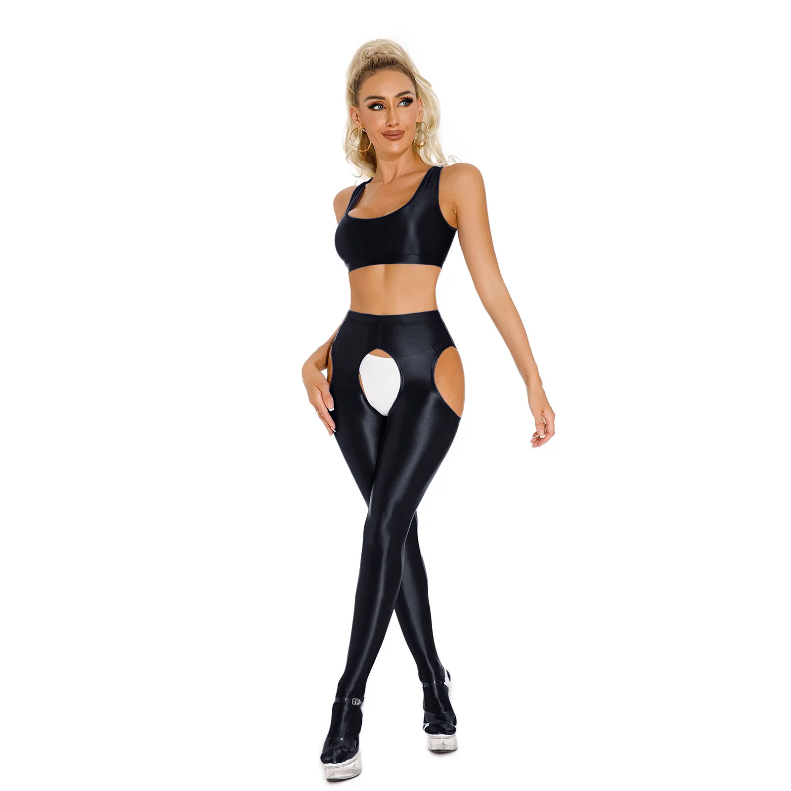 Womens 2 Piece Rave Dance Outfits U Neck Racerback Crop Top with Crotchless Leggings for Night Club Disco Party Pole Dancing