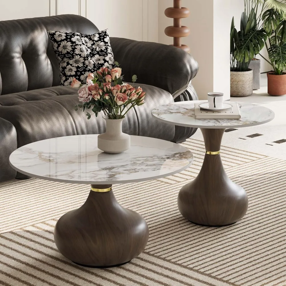 

Round Coffee Table Set Set of 2, Modern Center Table with Marble-Pattern Stone Top & Carbon Steel Base, 31.5" Tea Table