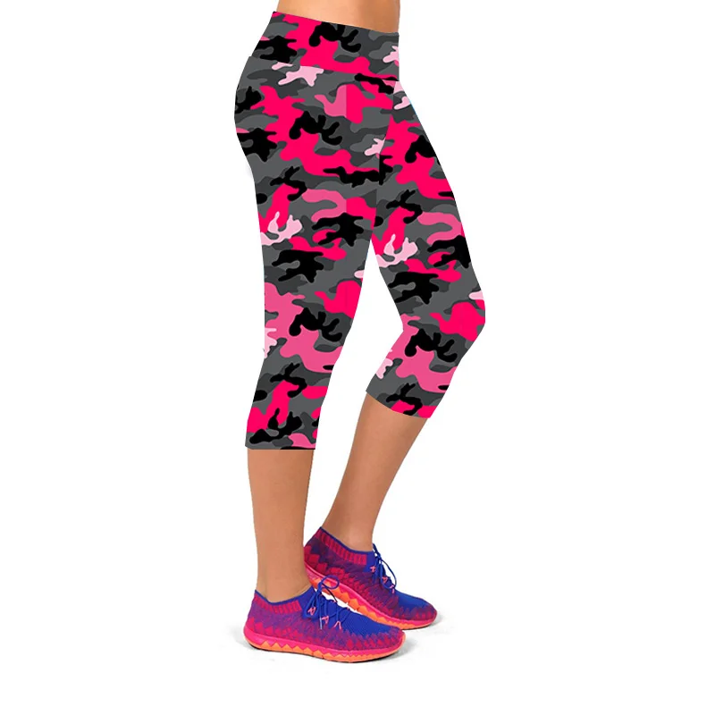 TOIVOTUKSIA Summer Pink Camo Print High Waist Capri Leggings Fashion Mid-Calf 3/4 Plus Size Elastic Milk Silk Leggings