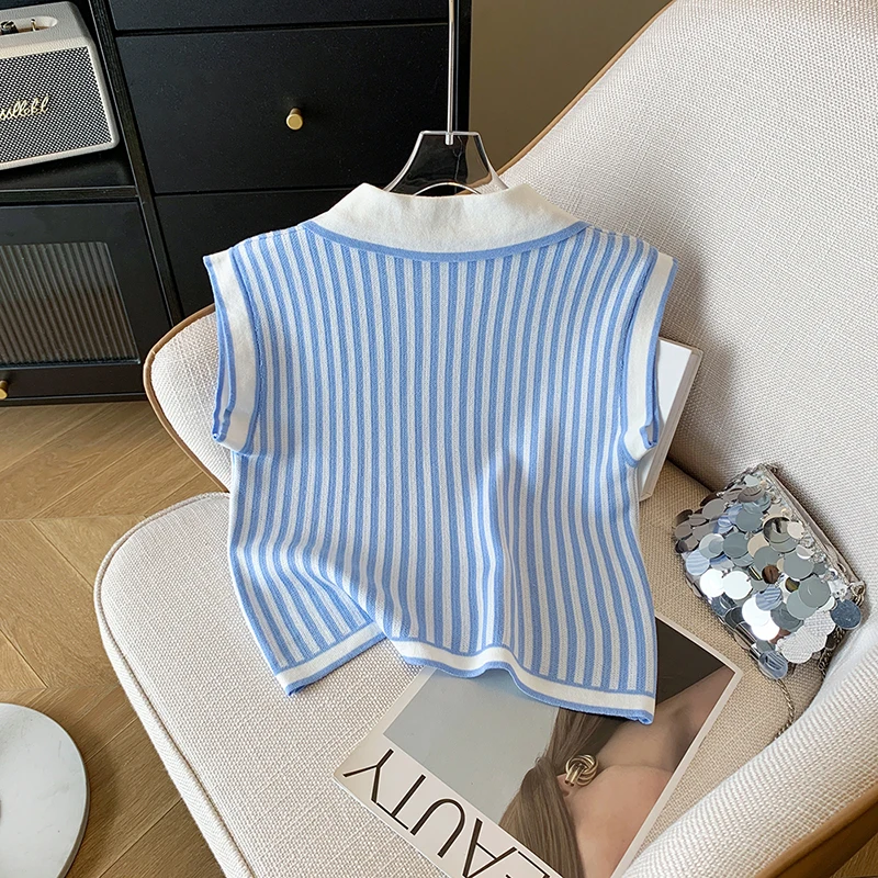 Striped Two-Piece Skirts Set Women Knit Korean Elegant Turn-Down Collar Blue Suit Fashion Elastic Chic Office Lady Shirts Skirts