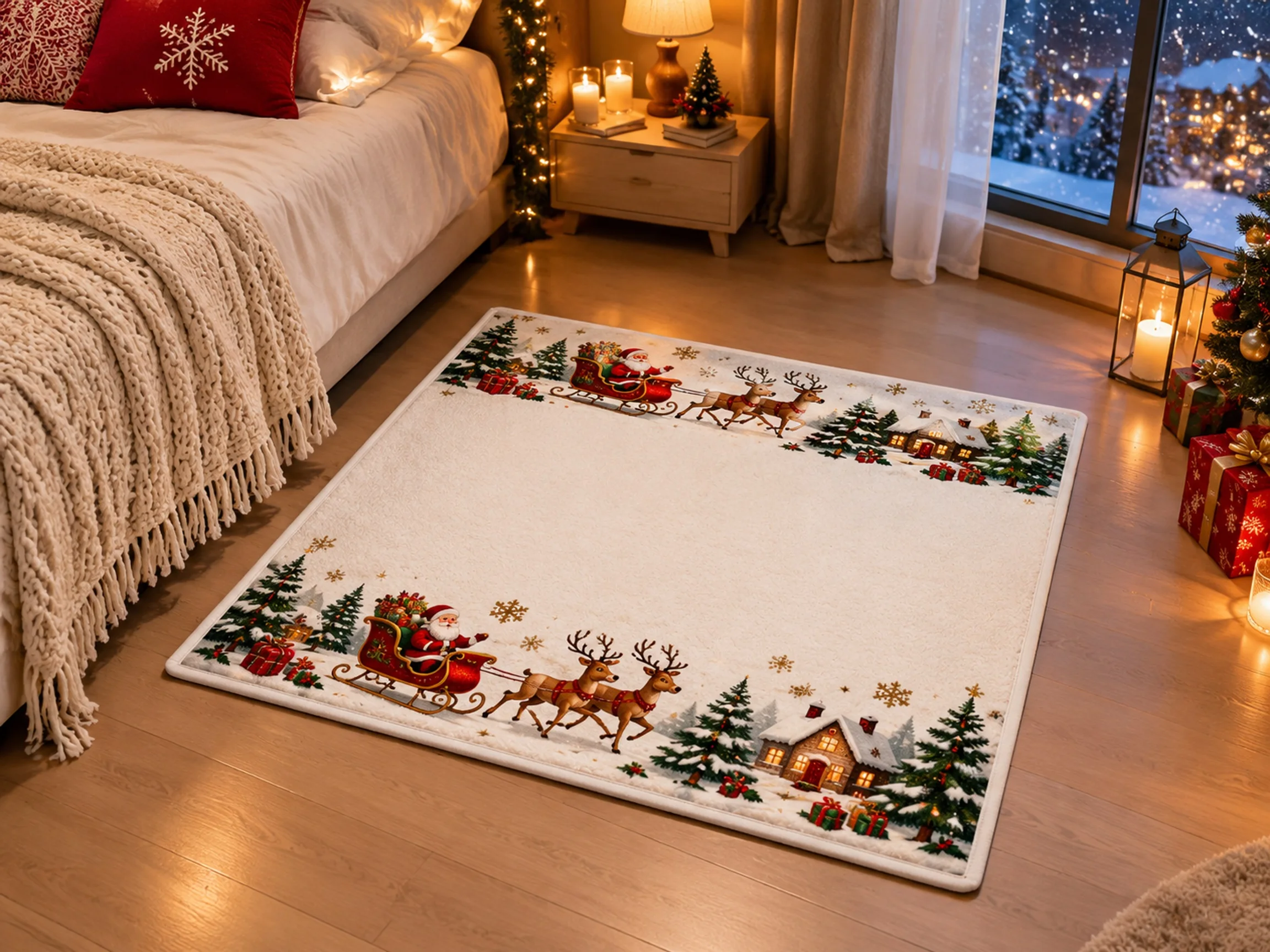VIKAMA Christmas Red Green Sleigh Flannel Door Mat, Memory Foam Anti-Slip Mat, Xmas Decor for Mudroom, Farmhouse, Entryway