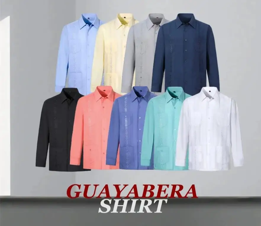 Camisas Guayaberas para Hombre, 4 Bolsillos, Bordadas, Manga Larga, Azul, Estilo Mexicano Cubano, con Botones, Talla Grande 4XL