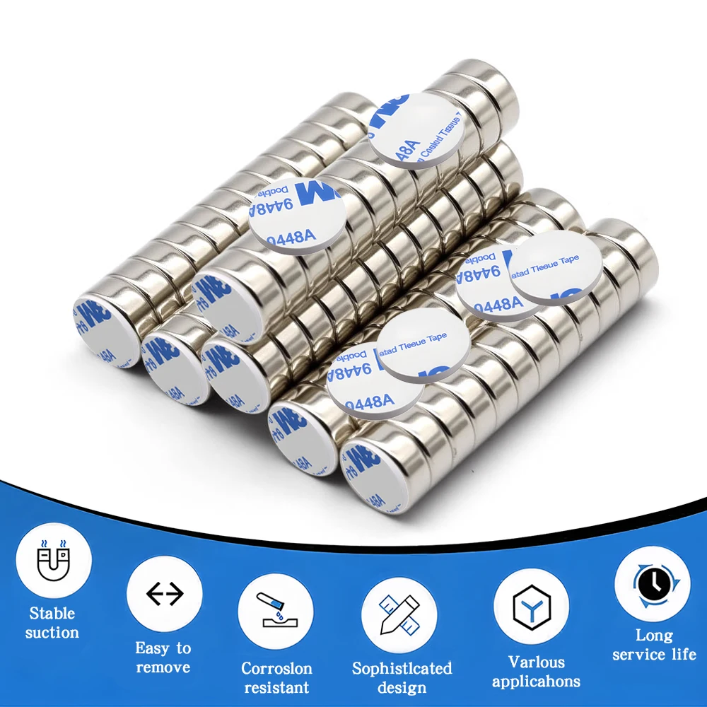 High Density Magnetic Alloy Strong Suction Waterproof Neodymium Magnet Round Disc 12x5mm with Double Sided Adhesive