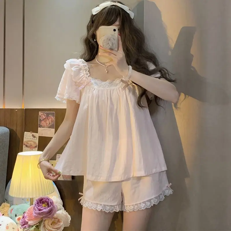 Ruffles Sleepwear Women Pajama Sets Korean Piiama Sets 2 Pieces Lace Night Wears Short Sleeve Pyjamas Summer Home Suit 2024 New