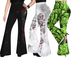 ROSEGAL Plus Size Gothic Printed Flare Pants For Women, 3D Graphic Full Trousers, Spring Summer Casual Elastic Waist Loose Pant