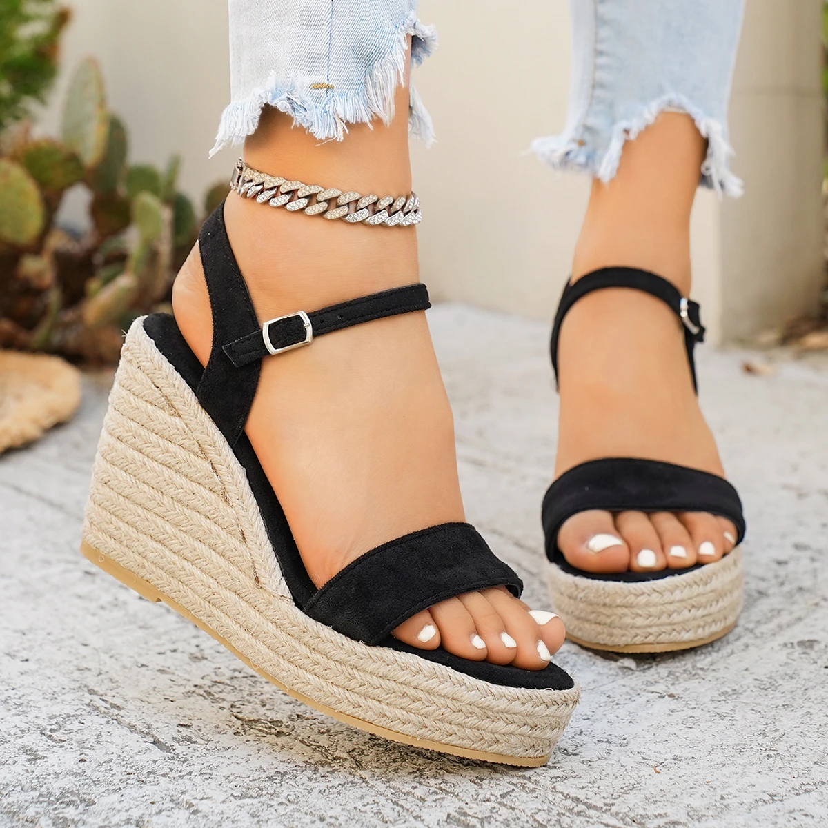 

2026 Women Roman Sandals Buckle Thick Heel Rope Slip-On Shoes Spring Summer New Style Versatile Platform Wedge High Heel Shoes
