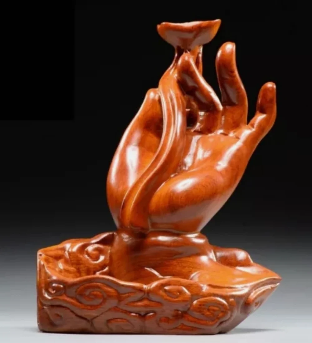 Rosewood Carved Backflow Incense Burner Statue Buddha Hand Buddhism Zen Decor
