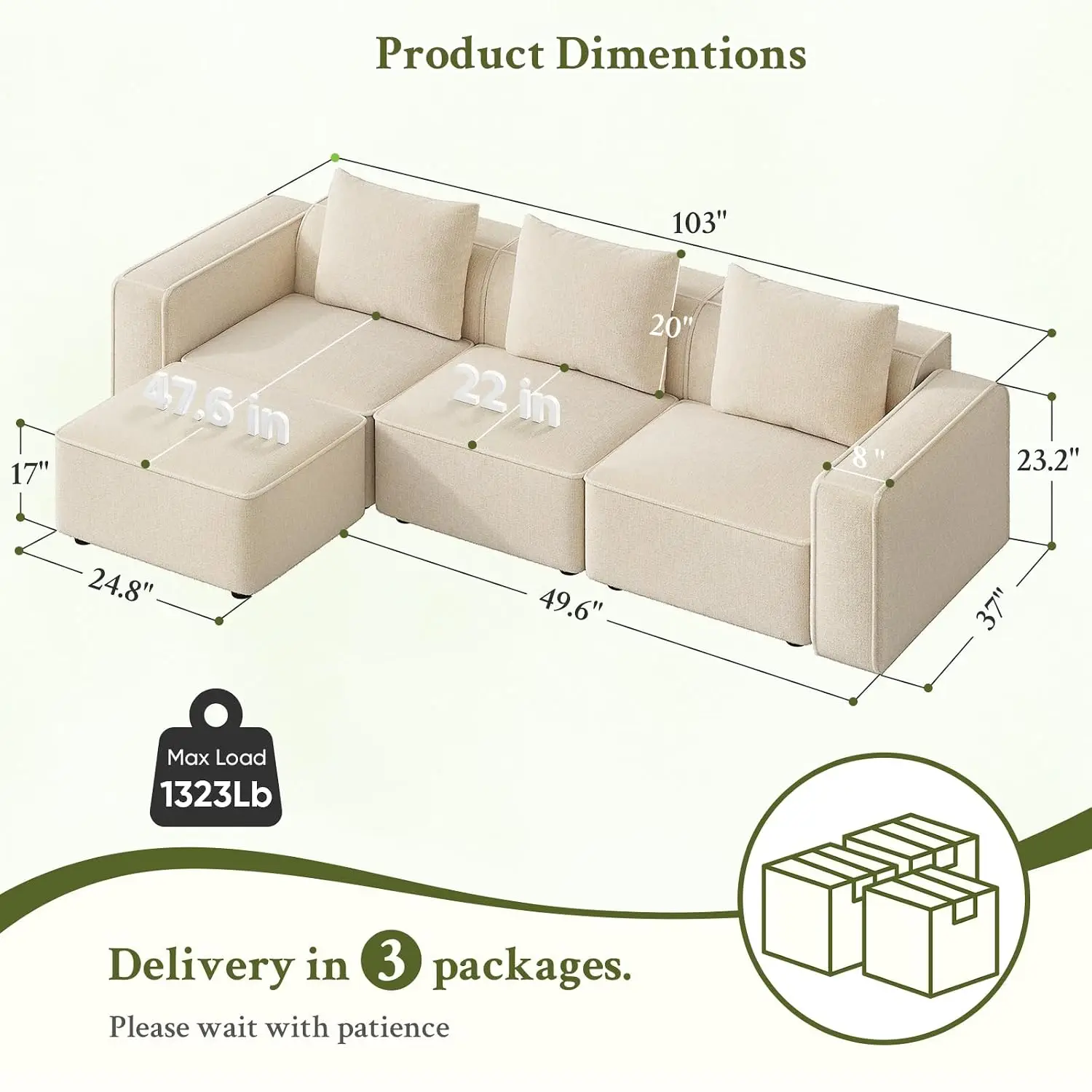 Locked-in Modular Sectional Sofa, L Shaped Couch with Ottoman, Chenille Cloud, 22