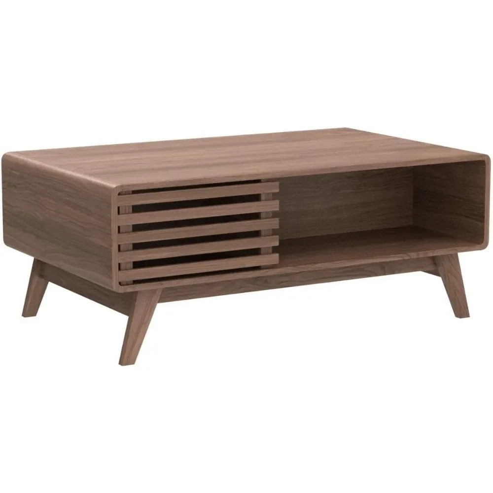 Mopio Ensley Mid Century Modern Rectangle Coffee Table with Dual Storage Shelf, Wood Slat Sliding Door,  Walnut Grain